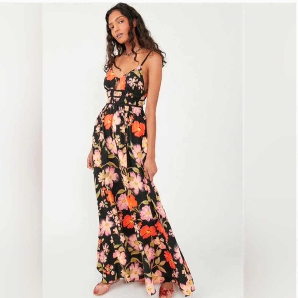 NWT Free People Wisteria Floral V-Neck Cut-Out Sleeveless Open Tie Back Dress